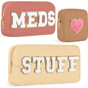 3 Pcs Preppy Makeup Bag Chenille Letter Nylon Cosmetic Bags Travel Varsity Letter Skin Stuff Bag Organizer Pouch Travel Bag Set for Women Girls (Stylish, Beige, Dusty Pink, Khaki)