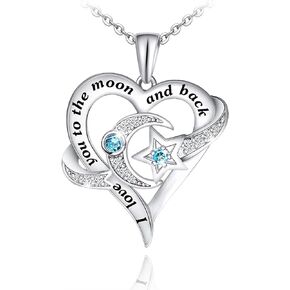Distance I Love You to The Moon and Back Necklace 925 Sterling Silver Heart Pendant Necklace Jewelry Gifts for Women Mom Wife Girls
