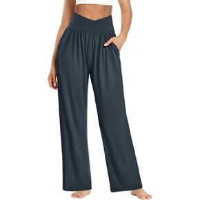 DIBAOLONG بنطال ذو قصة أرجل واسعة للنساء بنطال يوجا فضفاض غير رسمي مريح كروس عالي الخصر بنطلون طويل مع جيوب in Kuwait