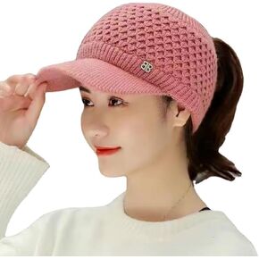 Xilery Women's Lady's Knit Winter Warm Baseball Cap Visor Skull Beanie Outdoor Runner Cap with Tail Hole