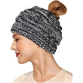 Knit Hat, Ponytail Beanie Cap Outdoor Winter Stretch Cable Bun Knit Hat