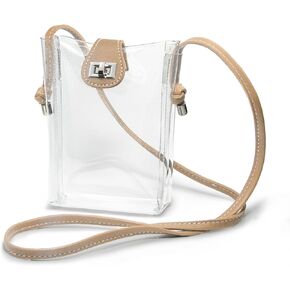 Women's Small Clear PVC Cross Body Bag Phone Bag with Vegan Leather Trim Transparent Turn-Lock Purse Stadium Approved