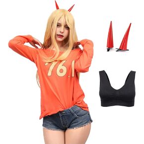 DAZCOS 3PCS Anime 76.1 T-Shirt Halter Top Cosplay Costume with Devil Horns and Underwear