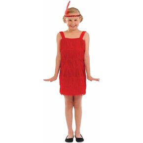 Kids 20s Flapper Girl Costume Childrens Decades Fringed Red Dress
