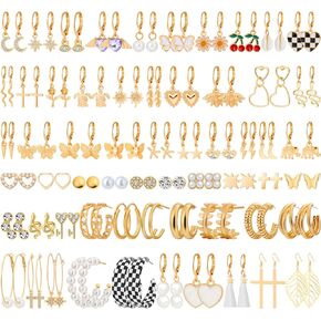 Thrilez 60 Pairs of Earrings for Women, Hypoallergenic Earring Set for Teen Girls Include Chunky Hoops, Huggie Earrings, Dangle Earrings, Pearl Earrings, Gold Hoops and Studs, Trendy Gift for Women