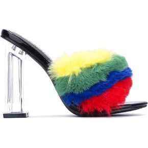 Womens Fur Clear Chunky Heel Sandals