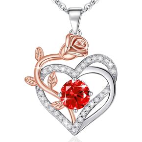 Rose Heart Necklace for Women Sterling Silver Birthstone Pendant - Gift for Women Mom Wife Girlfriend daughter Best Friend on Valentine's Day, Birthday, Christmas, Anniversary, Mather's Day