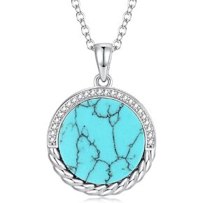 FANCIME Turquoise Necklaces for Women Sterling Silver Turquoise Circle Pendant December Birthstone Necklace Western Jewelry Anniversary Birthday Gifts for Her Women Girls, Chain 16"+2" Extend