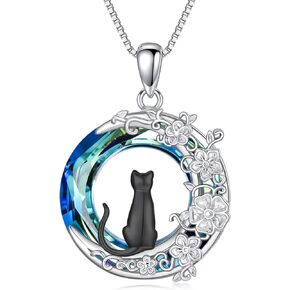 TOUPOP Cat Gifts for Women Sterling Silver Cat Necklaces with Circle Crystal Cat Lovers Jewelry Gifts for Women Girls Birthday Christmas