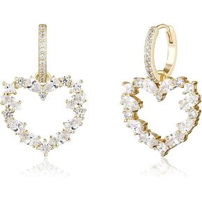 JINAO Hollow Heart Dangle Huggie Earrings 14K Gold Plated Iced Out Princess Pear Marquise Round Lab Simulated Diamond Cubic Zirconia Dangle Drop Hoop Heart Earrings for Men Women Girls