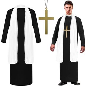 Jiuguva 3 Pieces Priest Costume for Men Adult Men's Priest Halloween Costume with Father Robe White Stole Plastic Monk Cross