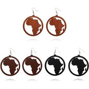 RCHENGYANUIMA Round African Map Natural Painted Wooden Hollow out Drop Dangle Earrings for Women Girls Men