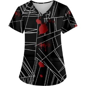 AMOMA V-Neck Short Sleeve Halloween Nurse Tops with Two Pockets Scrub Shirts for Women