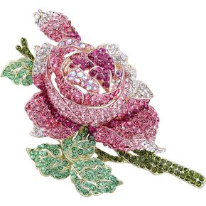 EVER FAITH Women's Crystal Enamel Romantic Blooming Rose Flower Leaf Brooch