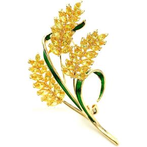 Dreamlandsales Vintage Green Enamel Leaf Yellow Bundle of Wheat Brooches Pins Harvest Jewelry