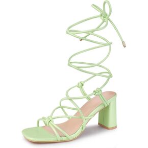 Perphy Strappy Heels Knots Square Toe Block Heel Lace Up Sandals for Women