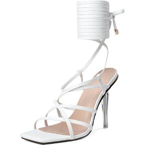 AUMOTED Women's High Heel Sandals Open Square Toe Lace Up Heels Strappy Stiletto Heels Wrap Up Clear Heeled Sandals 4 Inch