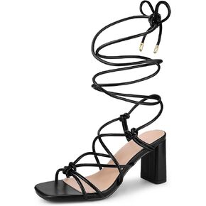 Perphy Strappy Heels Knots Square Toe Block Heel Lace Up Sandals for Women
