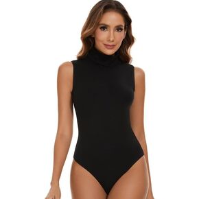 SHAPERIN Women's Mock Turtle Neck Sleeveless Bodysuit Tank Tops Solid Sexy Slim Leotard Jumpsuit