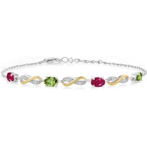 925 Silver and 10K Yellow Gold Red Ruby Green Peridot and Lab Grown Diamond Infinity Bracelet For Women Mother's Mom Wife Girls Her (2.25 Cttw, Oval 6X4MM, Fully Adjustable Up to 7.5 Inch)