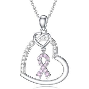 AOBOCO Sterling Silver Breast Cancer Awareness Necklace Survive Ribbon Pink Ribbon Pendant Gifts for Women