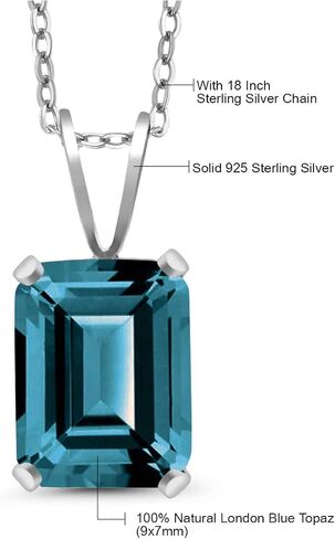 Gem Stone King 925 Sterling Silver London Blue Topaz Pendant Necklace For Women (2.30 Cttw, Emerald Cut 9X7MM, Gemstone Birthstone with 18 Inch Silver Chain) in Saudi Arabia