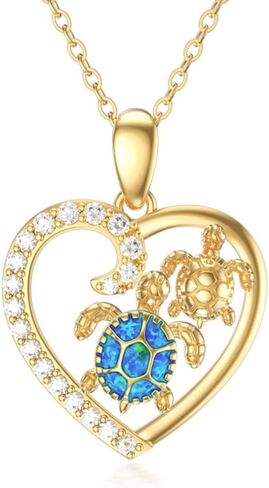 قلادة من الذهب عيار 14 قيراط للام والابنة للام والابنة بدلاية على شكل قلب اوبال وسلحفاة البحر للام والطفل لعيد الام، 16 انش - 18 انش, ذهب, مكعب زركونيا in Kuwait