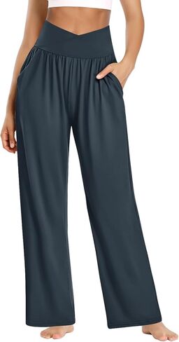 DIBAOLONG بنطال ذو قصة أرجل واسعة للنساء بنطال يوجا فضفاض غير رسمي مريح كروس عالي الخصر بنطلون طويل مع جيوب in Kuwait