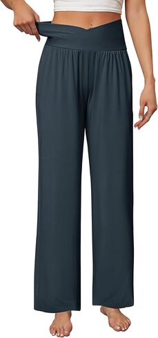 DIBAOLONG بنطال ذو قصة أرجل واسعة للنساء بنطال يوجا فضفاض غير رسمي مريح كروس عالي الخصر بنطلون طويل مع جيوب in Kuwait