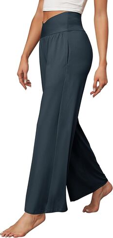 DIBAOLONG بنطال ذو قصة أرجل واسعة للنساء بنطال يوجا فضفاض غير رسمي مريح كروس عالي الخصر بنطلون طويل مع جيوب in Kuwait
