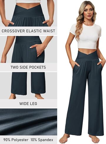 DIBAOLONG بنطال ذو قصة أرجل واسعة للنساء بنطال يوجا فضفاض غير رسمي مريح كروس عالي الخصر بنطلون طويل مع جيوب in Kuwait