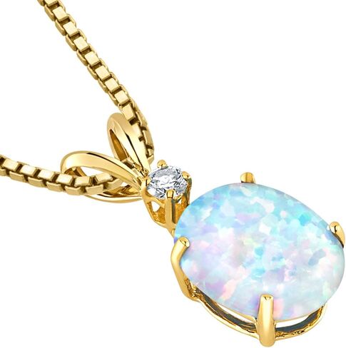 PEORA 14K Yellow Gold Created White Opal with Genuine Diamond Pendant for Women, Elegant Solitaire, Oval Shape, 10x8mm, 1 Carat total in Saudi Arabia