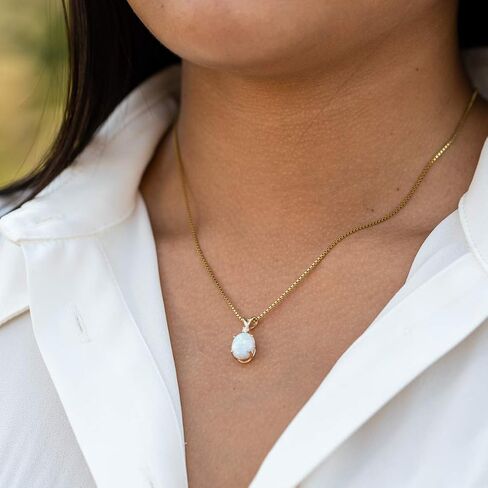 PEORA 14K Yellow Gold Created White Opal with Genuine Diamond Pendant for Women, Elegant Solitaire, Oval Shape, 10x8mm, 1 Carat total in Saudi Arabia