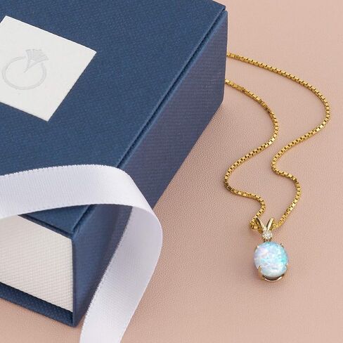 PEORA 14K Yellow Gold Created White Opal with Genuine Diamond Pendant for Women, Elegant Solitaire, Oval Shape, 10x8mm, 1 Carat total in Saudi Arabia