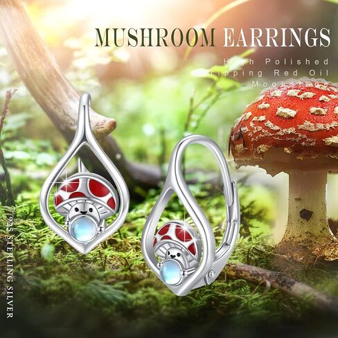 Mushroom Earrings S925 Sterling Silver Moonstone Earrings Leverback Earrings for Women Mushroom Jewelry Moonstone Earrings for Girls Mom Daughter Girlfriend, Sterling Silver, No Gemstone in Kuwait