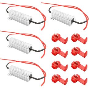 50W 6Ohm Load Resistors, 4pcs Car LED Decoder Resistors, Fix LED Bulb Fast Hyper Flash Turn Signal Blink Error Code for Auto Headlights Fog Lights DRL, with 8pcs Quick Wire Clip (Black)