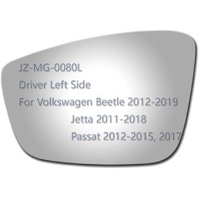 Side Mirror Glass fit for Volkswagen 2012-2019 Beetle, 2011-2018 Jetta, 2012-2015 2017 Passat Driver Left Side LH Flat, Including Adhesive (Non Heated)