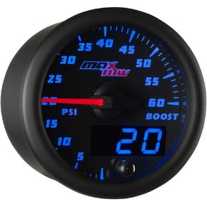 Double Vision 60 PSI Turbo Boost Gauge Kit - Includes Electronic Pressure Sensor - Black Gauge Face - Blue LED Illuminated Dial - Analog & Digital Readouts - for Diesel Trucks - 2-1/16" 52mm
