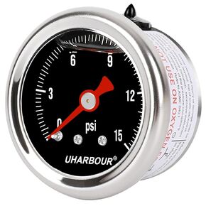 Glycerin Filled Fuel Pressure Gauge with 304 Stainless Steel Case, 1-1/2" Black Dial, 0-15Psi, High Accuracy, 1/8"NPT Center Back Mount…