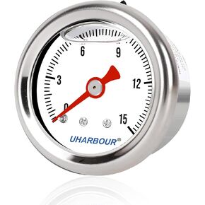 Glycerin Filled Fuel Pressure Gauge with 304 Stainless Steel Case, 1-1/2" Black Dial, 0-15Psi, High Accuracy, 1/8"NPT Center Back Mount…