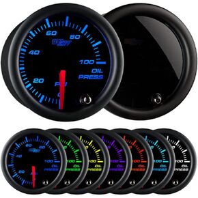 GlowShift Tinted 7 Color 100 PSI Oil Pressure Gauge Kit - Includes Electronic Sensor - Black Dial - Smoked Lens - for Car & Truck - 2-1/16" 52mm