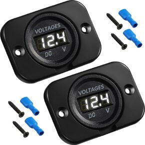 2 Pieces DC 12V 24V Waterproof Car Voltmeter with LED Digital Blue Light Display Panel and Mounting Plate, Round Voltage Gauge Meter with Terminals for Boat Marine Vehicle Motorcycle Truck ATV UTV