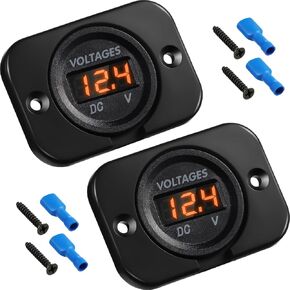 2 Pieces DC 12V 24V Waterproof Car Voltmeter with LED Digital Blue Light Display Panel and Mounting Plate, Round Voltage Gauge Meter with Terminals for Boat Marine Vehicle Motorcycle Truck ATV UTV