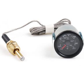 Dyno Racing 2" 52mm 12V Pointer Mechanical Water Temperature Temp Gauge （40-130℃,110-265℉),Yellow Light Car Meter with Sensor NPT 1/2, 1.8m Wire Length