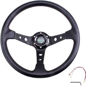RASTP Universal Racing Steering Wheel,Drifting Deep Dish Steering Wheel 13.8"/350mm 6 Bolts Grip Vinyl Leather & Aluminum with Horn Button for Car -Black
