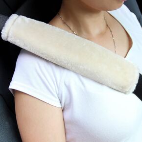 Amooca Soft Faux Fur Universal Fit Seatbelt Cover Car Truck SUV Airplane Seat Belt Shoulder Pad for Carmera Backpack Straps Neck Cushion Protector 2 Pack 10.5in Beige