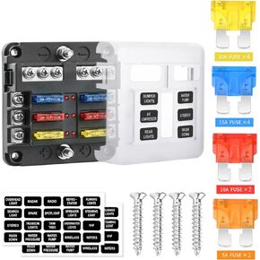 12 Way 12V Fuse Box Blade, 12Volt Fuse Block with LED Indicator Waterproof Cover - 12 Circuit Independent Positive Negative Fuse Box Holder for 12V/24V AutoTruck Boat Marine RV Van Vehicle