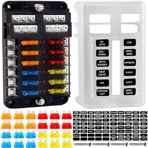 Fuse Block, 12v Fuse Box Holder with Led Indicator Waterproof Cover, Cyrico 12 Circuits Fuse Panel with Negative Bus for 12V/24V Automotive Car Truck Boat Marine Rv Trailer, 24 Pcs Blade Fuses