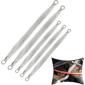 5 PCS Car Ground Strap Kit, 10In 13In 220V Metal Flat Braided Vehicle Ground Straps Accessories, Universal Durable Automotive Engine Ignition Coil Ground Strap for Truck SUV Car (Silver)