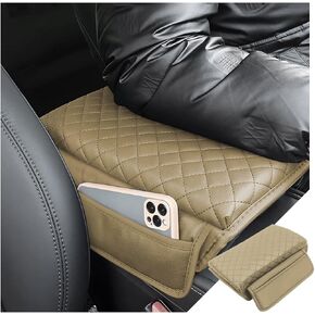zipelo Car Armrest Cushion, Carbon Fiber Leather Auto Center Console Pad, Memory Foam Armrest Box with Storage Bag, Hand Rest Pillow with Organizer Pockets, Universal Fit for Most Vehicles (Beige)